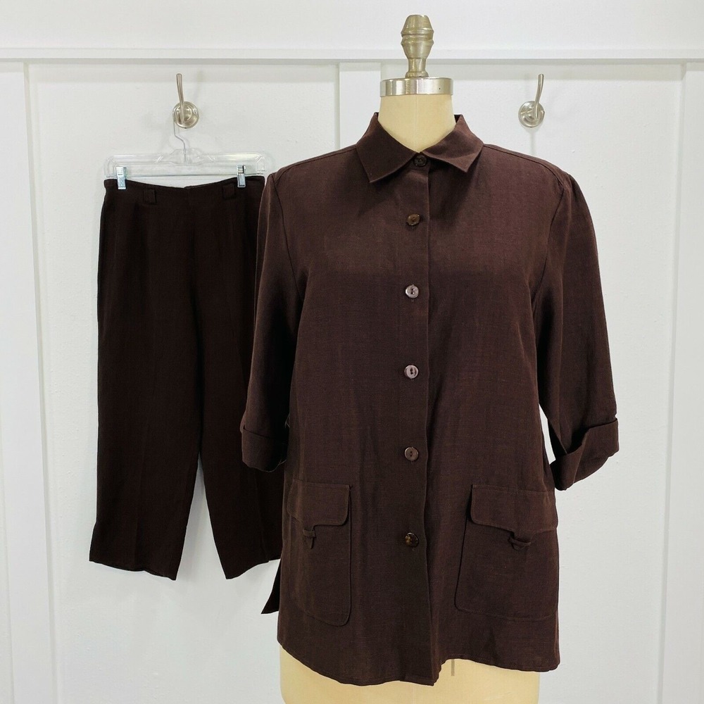 Norton McNaughton Suit Womens S Brown 2PC Linen Rayon Jacket Pants‎ Set Neutral